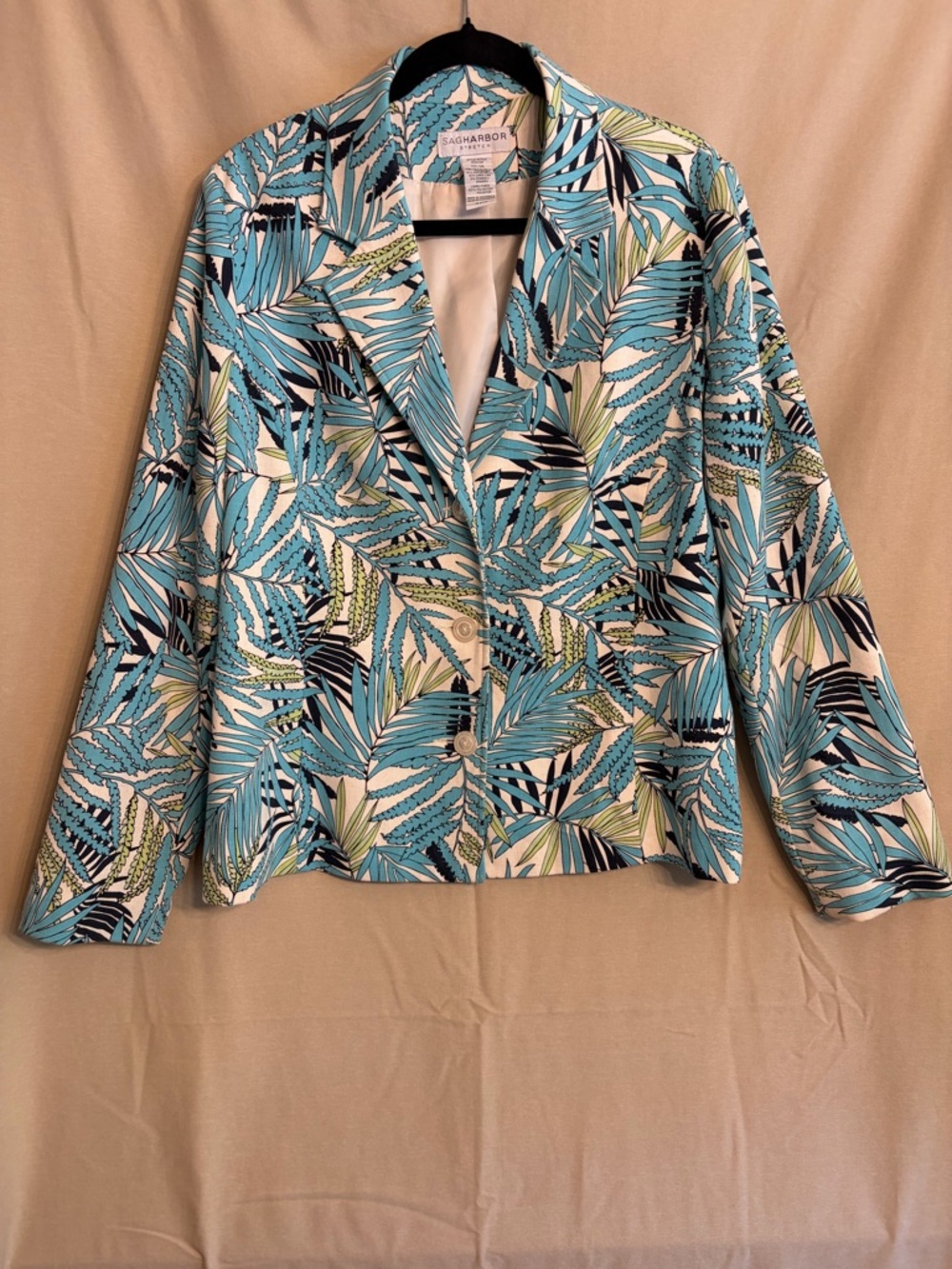 Sag Harbor Blue and White Tropical Leaf Blazer Linen Blend